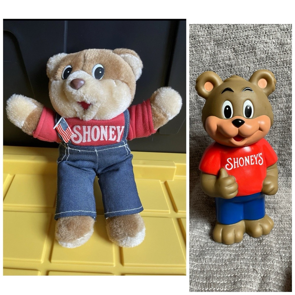 Vtg Shoney's Restaurant Bear Lot 1986 Stuffed Plush 1993 Vinyl Piggy Coin Bank